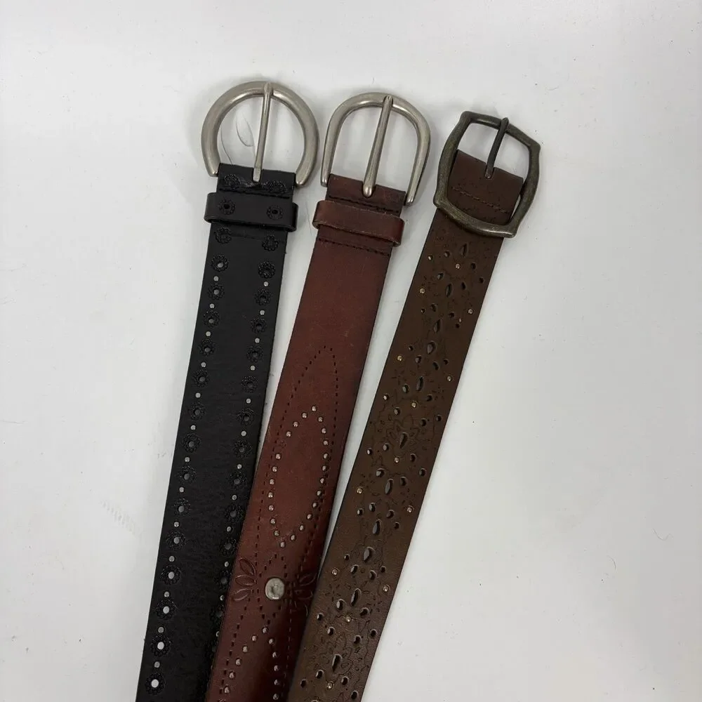 Fossil Belt Lot of 3 Boho Metal Studded Eyelet Genuine Leather Black Brown Y2K